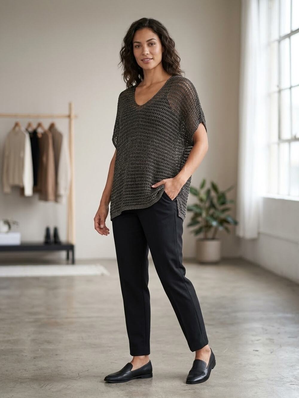 NWT Eileen Fisher Sparkle Mesh Open Knit Tunic Sweater Charcoal Metallic Small